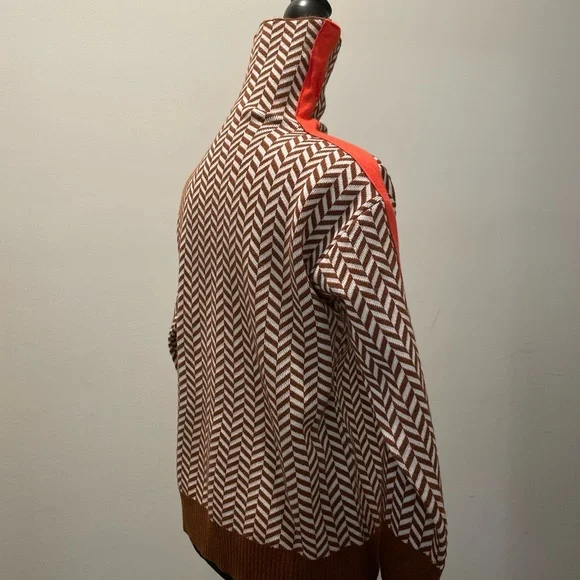 Women’s Pullover Sweater Size S Brown White Orange HighNeck Classic Herringbone - Picture 4 of 11